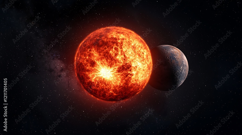 Fiery planet exploding near moon; cosmic event; space background ...