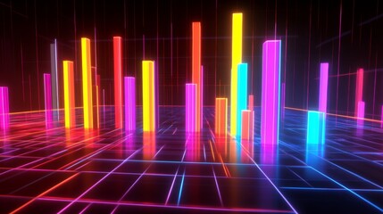 Poster - A dynamic D bar graph with glowing neon bars, showing data comparison in a high-tech setting with grid lines and axis markers.