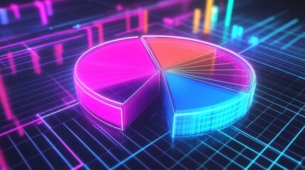 Poster - A dynamic D pie chart with glowing neon-colored slices, separated to emphasize individual data points, set against a digital grid background.