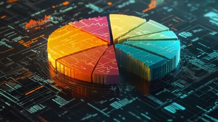 Aufkleber - A dynamic financial pie chart with segmented slices, showing investment portfolio allocation, overlaid on a digital background filled with stock market trends.
