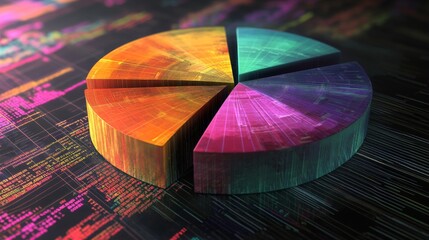 Aufkleber - A dynamic financial pie chart with segmented slices, showing investment portfolio allocation, overlaid on a digital background filled with stock market trends.