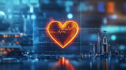 Poster - A dynamic heart waveform overlaid on a faint background of medical equipment, symbolizing the interplay between technology and human health
