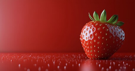 Wall Mural - Fresh strawberry on red background with droplets creating vibrant and appetizing look