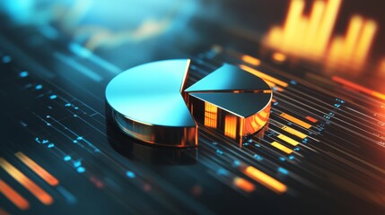 Poster - A futuristic D pie chart with metallic slices rotating in mid-air, glowing softly with data points floating nearby, perfect for visualizing complex financial information.