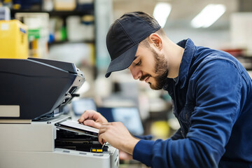 man repairing printer in business office