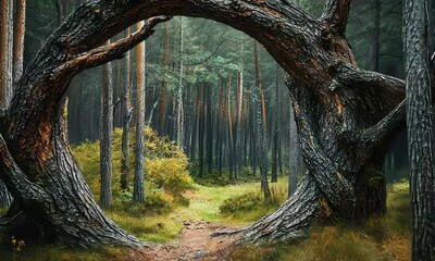 Wall Mural - Enchanting forest pathway framed by a large circular arch of moss-covered trees amidst vibrant greenery and tranquil natural scenery.