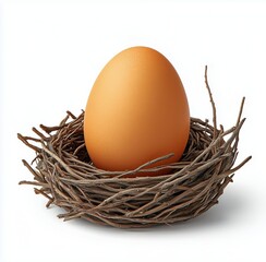 Brown egg resting in a natural twig nest on a light background