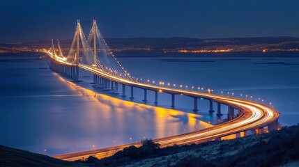 Fototapete - A long exposure shot of a bridge at night, with light trails from passing vehicles creating a stunning visual effect against the backdrop of a dark sky