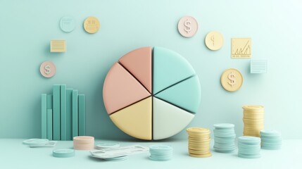 Leinwandbilder - A minimalist financial pie chart with pastel-colored slices, displaying income distribution, with financial icons and subtle shadows on a light background.