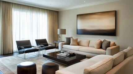 Poster - A minimalist living room design featuring a neutral color palette, sleek furniture, and a striking piece of artwork on the wall, creating a serene and stylish space.