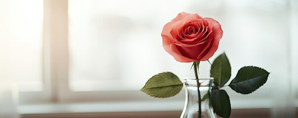 Wall Mural - Valentine love concept. A beautiful red rose in a clear vase against a soft, natural light backdrop.