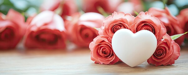 Poster - Valentine love concept. A heart-shaped decoration surrounded by fresh red roses on a wooden surface.