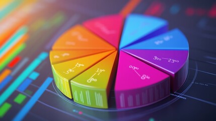 Poster - A rotating D pie chart with colorful, layered sections representing data, with numbers and labels floating beside each slice for clarity.