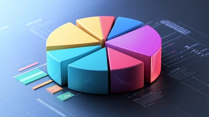 Poster - A rotating D pie chart with colorful, layered sections representing data, with numbers and labels floating beside each slice for clarity.