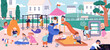 © Good Studio - Kids on playground. Happy children leisure time on play ground outside. Kindergarten group during playtime, outdoor fun activities with slide, sandbox on summer holiday. Flat vector illustration