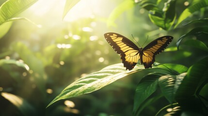Poster - A serene image of a butterfly delicately perched on a leaf, with sunlight filtering through the foliage, highlighting the beauty of nature and its inhabitants.