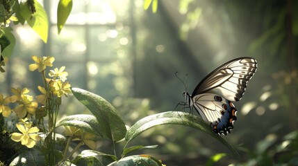 Poster - A serene image of a butterfly delicately perched on a leaf, with sunlight filtering through the foliage, highlighting the beauty of nature and its inhabitants.