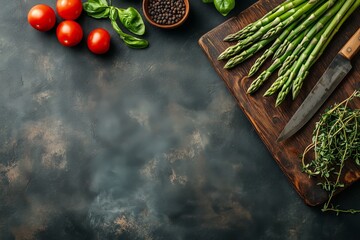 Wall Mural - Fresh ingredients ready for cooking with asparagus, tomatoes, and herbs on a dark countertop