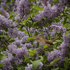 Wall Mural - A nightingale singing near its nest in a lilac bush.