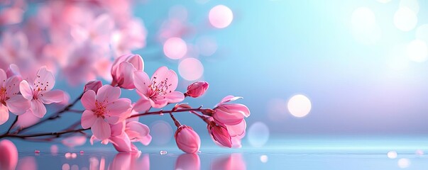 Poster - Pastel spring idea. Delicate pink cherry blossom branches against a soft blue background.