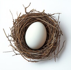 Nest with a single white egg resting on a bed of twigs and branches in a minimalistic setting