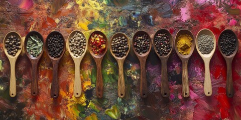 Sticker - Colorful spices in wooden spoons on a vibrant background. (1)