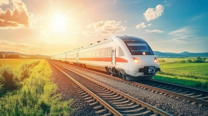 Poster - A sleek high-speed train gliding through a scenic countryside, with vibrant green fields and distant mountains, showcasing the beauty of modern travel