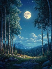 Wall Mural - Moonlit Birch Forest Path Mountain Vista