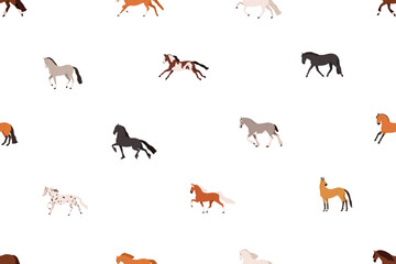 Fototapete - Horse print. Seamless equine pattern. Endless background, repeating design with galloping, walking, trotting stallions. Colored flat vector illustration for wrapping, textile, fabric and wallpaper