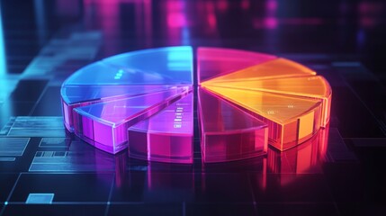 Aufkleber - A vibrant D pie chart with glass-like translucent sections, illuminated from below, each segment labeled with financial data in a futuristic setting.
