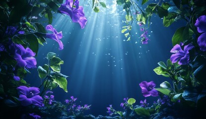 Wall Mural - Underwater scene with purple flowers and sunbeams. (1)