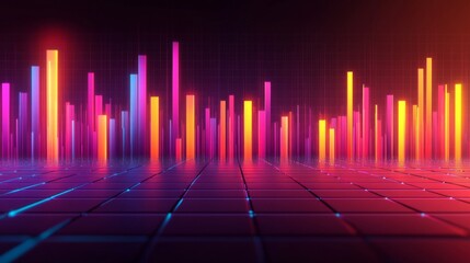 Poster - Colorful D bars rising from a digital grid floor, with subtle lighting and a gradient background to create a dynamic visual