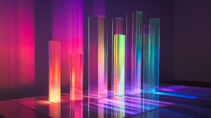 Aufkleber - Colorful D bar graph with tall, transparent bars on a reflective surface, casting shadows and illuminated by soft ambient lighting