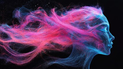 Poster - Dynamic data wave in vibrant neon colors, representing digital information flow on a black background for a futuristic, tech-inspired look