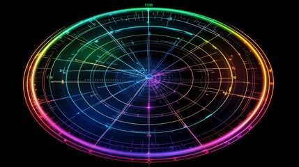 Fototapete - Futuristic radar-style circular graphic with bright neon lines and rotating elements on a dark tech-inspired background