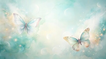 Wall Mural - Serene pastel butterflies soar amidst a dreamy watercolor sky, evoking tranquility and gentle beauty.
