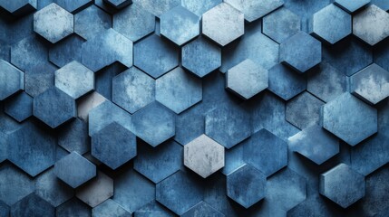 Aufkleber - Hexagonal geometric patterns in cool blue tones, layered with shadows and textures for a modern, tech-inspired graphic background