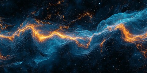 Wall Mural - abstract cosmic energy flow, glowing blue and orange nebula waves.