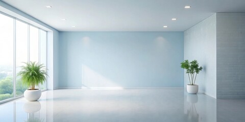 Wall Mural - Serene Minimalist Room Interior Design with Plants and Large Window Featuring Light Blue Walls and Polished Floor