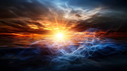 Poster - Gentle vibrations of abstract lines at sunset over ocean waves serene nature scene tranquil viewpoint