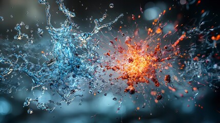 Poster - Delicate explosions of water and fire abstract art studio high-definition close-up visual contrast