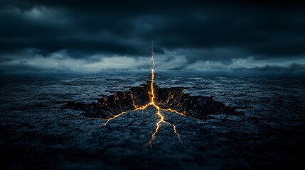 Poster - Erupting lightning breaks ground unknown landscape digital artwork dark environment dramatic viewpoint infinite boundaries