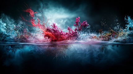 Fototapete - Dynamic horizontal strokes breaking through a surreal landscape of colorful water and light abstract art dark setting