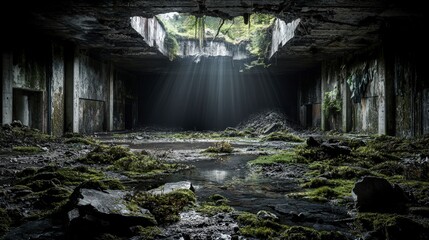 Aufkleber - Decay and renewal abandoned space urban jungle photography overgrown interior ground level nature's reclamation