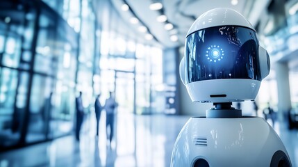 Wall Mural - robotic security patrol in a corporate headquarters, office building with surveillance drones and se