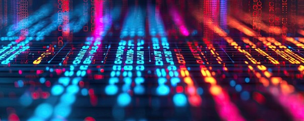 Machine learning ai concept. Colorful digital binary code flowing on a dark background, symbolizing data processing.