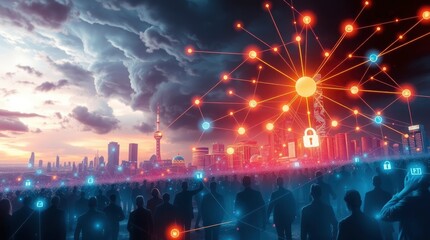 Wall Mural - cityscape at sunset, futuristic skyline, glowing energy network, digital connections, neon lights, vibrant colors, ethereal atmosphere, floating particles,