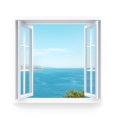Wall Mural - a bright and airy image of an open window showcasing a stunning seaside view. the tranquil blue ocea
