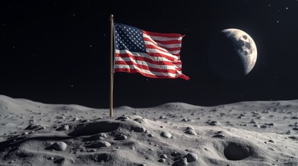 american flag on the moon with earth in the background. symbol of space exploration and historic lun