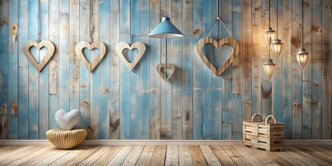 Wall Mural - Rustic Wooden Wall Decor with Hanging Heart Shapes, Pendant Lights, and Wooden Heart-Shaped Cushion